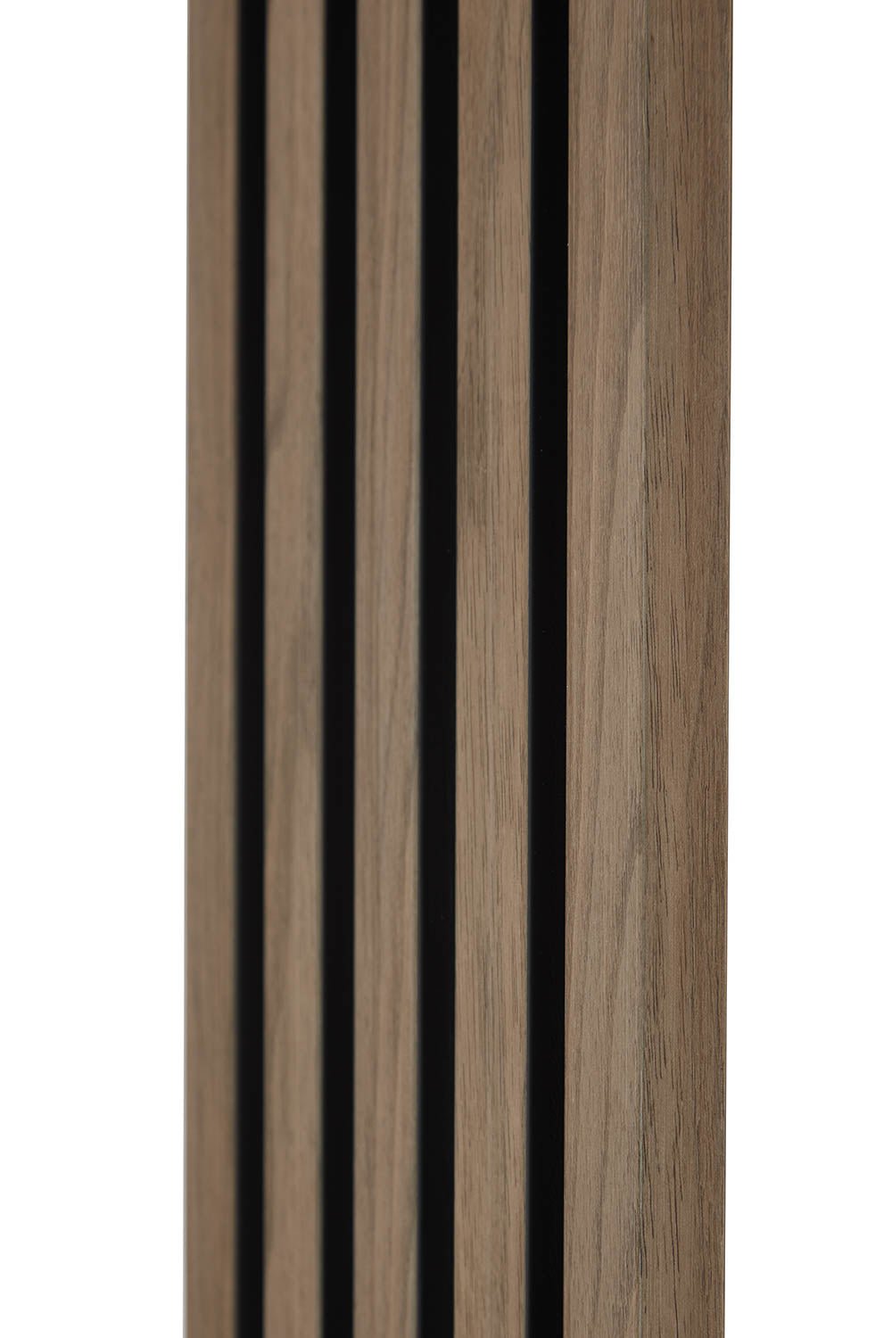 Walnut and Black SlatWall end cap from close up, showing groove and texture.